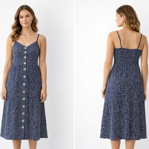 Spaghetti Strap Button-Front Midi Dress in Navy and Polka Dot